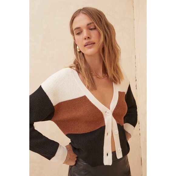 Lulus Winter Love Brown And Black Color Block Cardigan Sweater - Size S - Picture 1 of 4